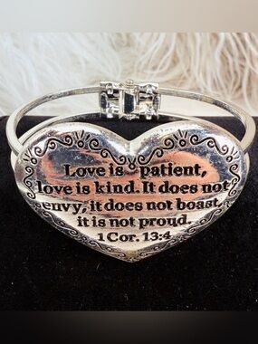 Silvertone Heart Cuff Bracelet with Inspirational Quote
